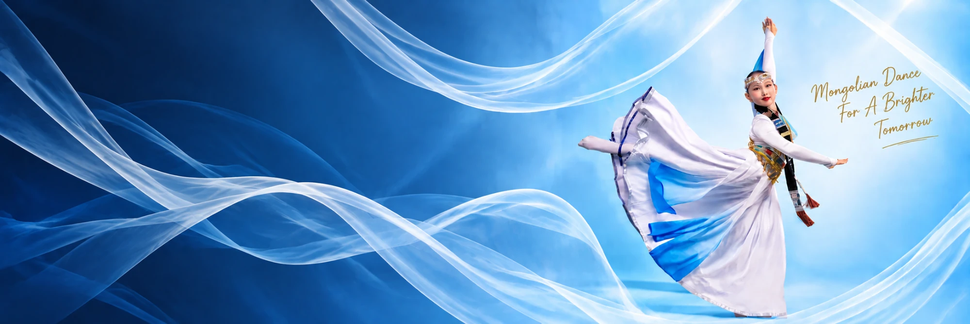 Mongolian dancer in a flowing blue and white dress